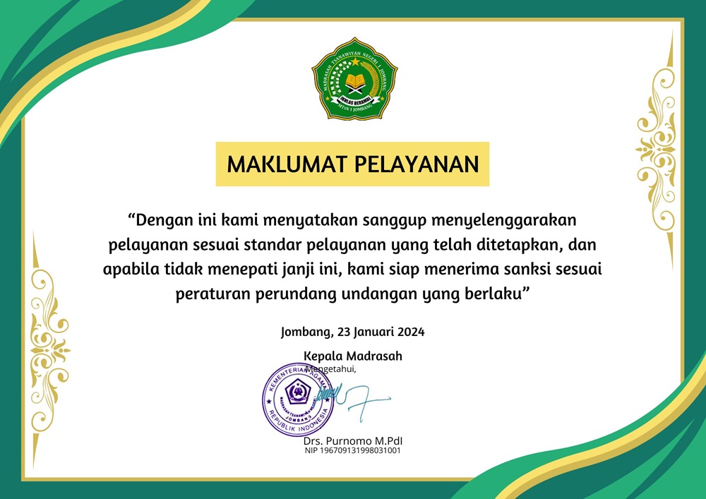 Maklumat Layanan MTsN 1 Jombang sebagai Zona Integritas